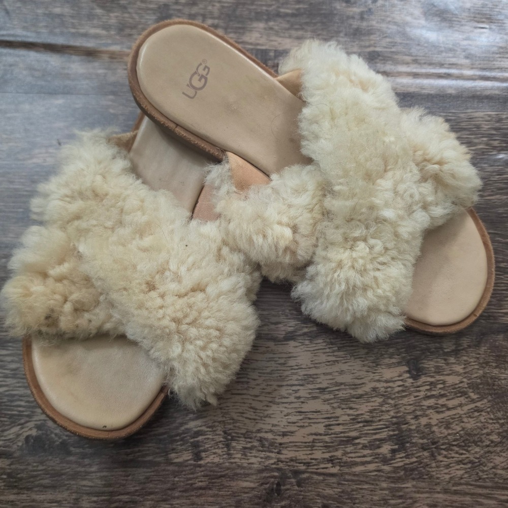 UGG Abela Slippers Women 7 Cream Sheepskin Fluffy Cross Strap Slides 1019967β